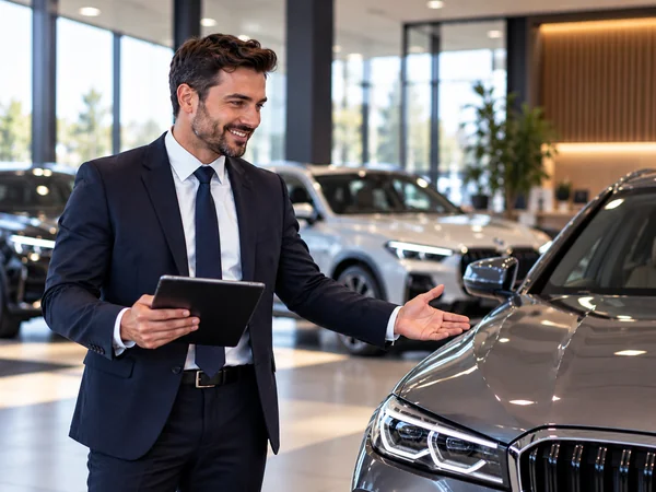 Luxury automotive dealership showroom with premium vehicles